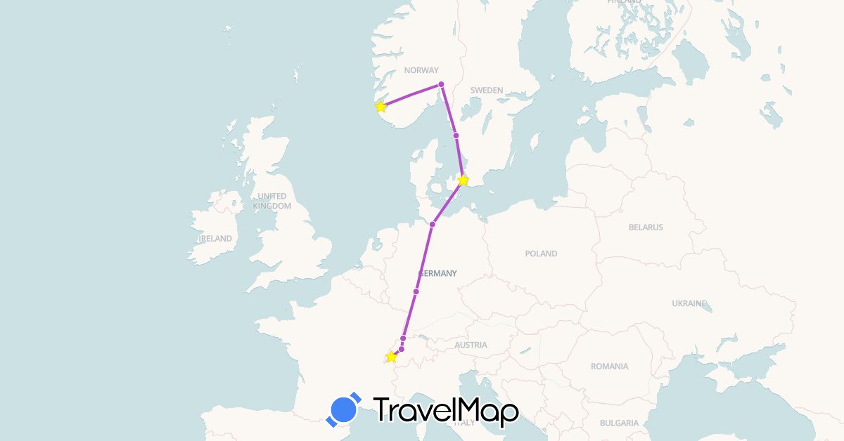 TravelMap itinerary: driving, train in Switzerland, Germany, Denmark, Norway, Sweden (Europe)